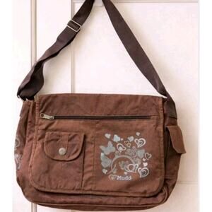 Vintage Y2K Mudd Brown Canvas Messenger Bag Crossbody School Book Bag Hearts